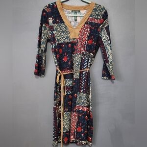 Lauren Ralph Lauren Women's Large Western Print Dress Faux Suede Trim & Belt EUC